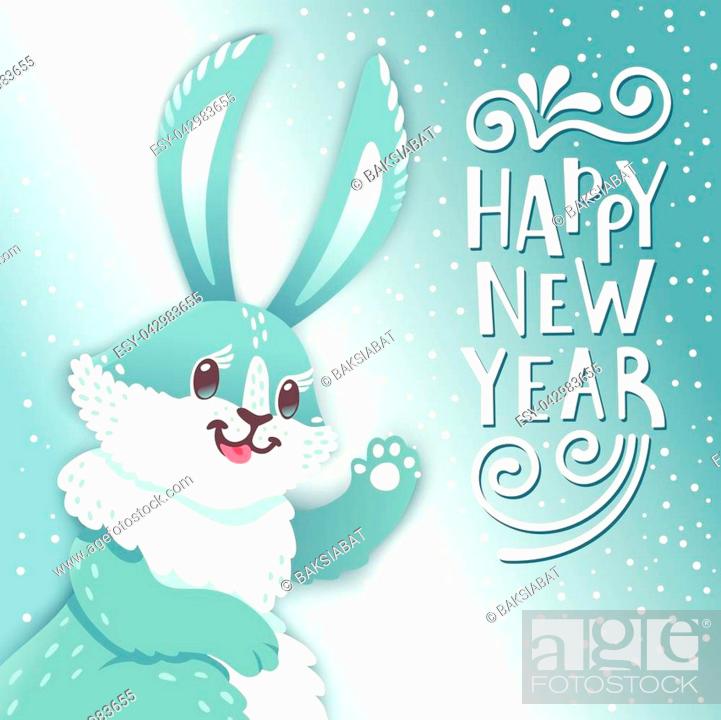 Card Happy New Year with cartoon rabbit. Funny bunny. Cute hare, snow and  greeting text, Stock Vector, Vector And Low Budget Royalty Free Image. Pic.  ESY-042983655 | agefotostock