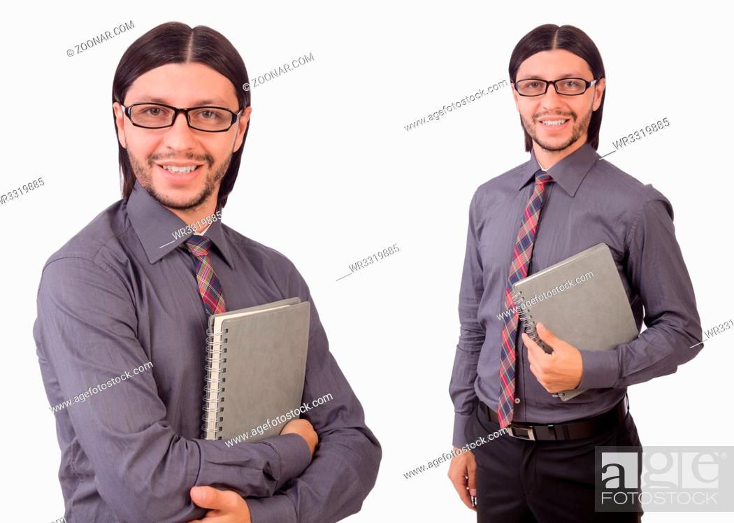 Stock Photo: Young businessman with paper isolated on white.