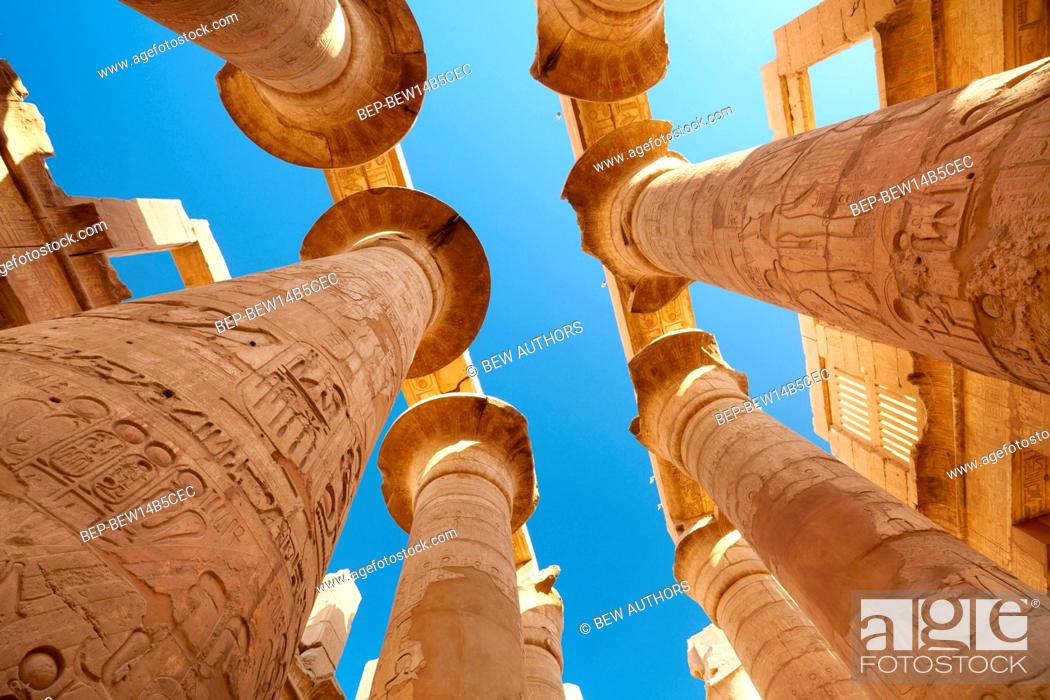 Stock Photo: Egypt, the Karnak Temple Complex, the Great Hypostyle Hall in the temple of Amon-Re God , building from UNESCO World Heritage List.