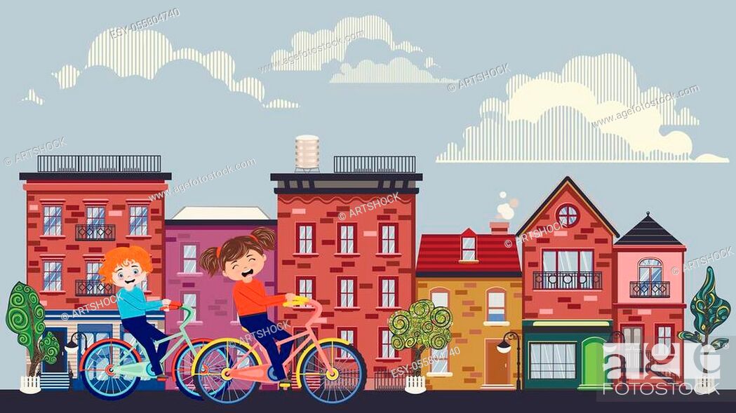 Cartoon kids riding bicycle in the small town background, Stock Vector,  Vector And Low Budget Royalty Free Image. Pic. ESY-055804740 | agefotostock