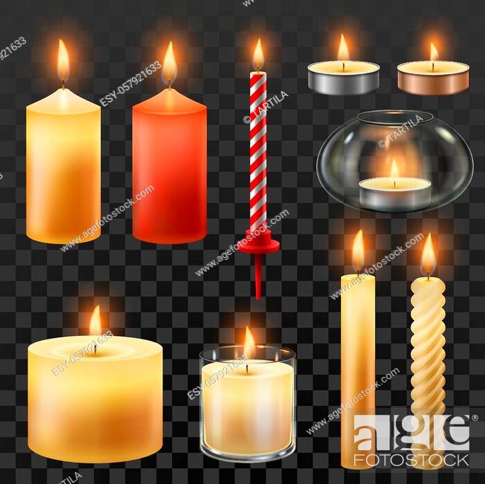 Stock Vector: Candle fire. Wax candles for xmas party, romantic heat candlelight flame and lit flaming nightlight in glass. Flames for birthday cake or hanukkah decoration.