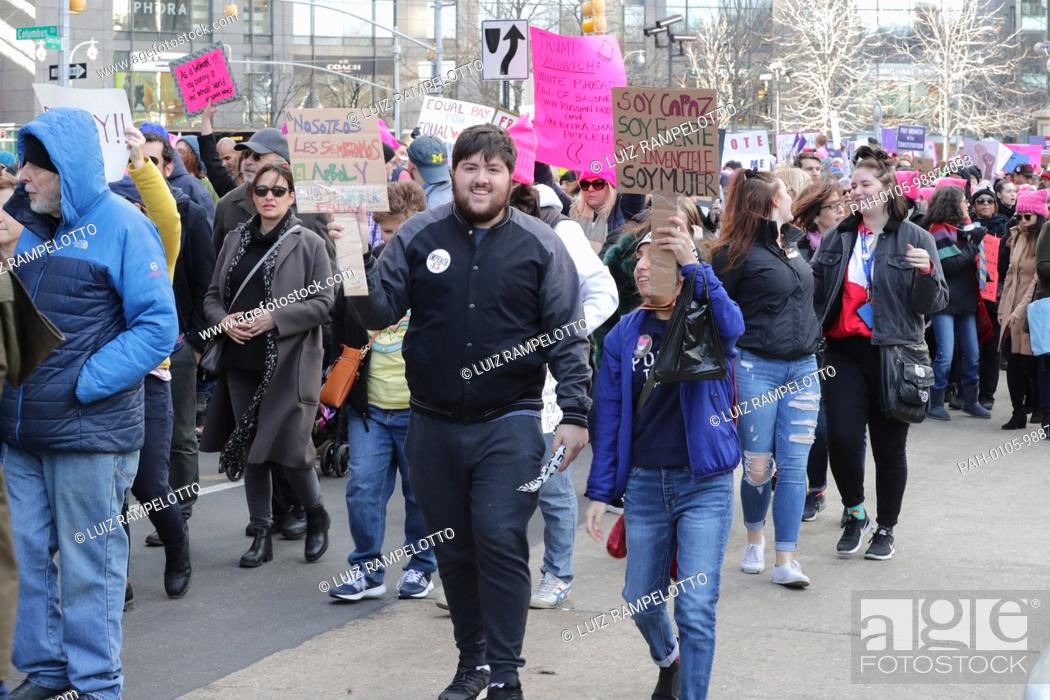 Stock Photo: Central Park West, New York, USA, January 20 2018 - Thousands of People marched on the 2018 Women's March on NYC today in New York City.