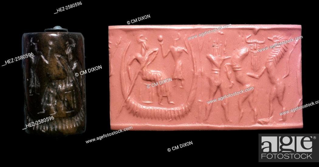 Stock Photo: Akkadian cylinder-seal and impression of the flood epic, showing Uta-Napaishtim in a boat, and Gilgamesh with a bull.