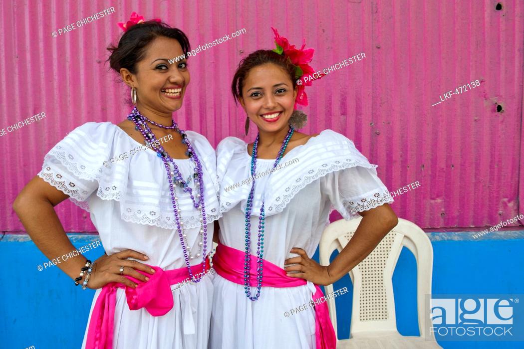 Stock Photo: Mother and daughter wearing traditional costume, Corinto, Chinandega, Nicaragua.
