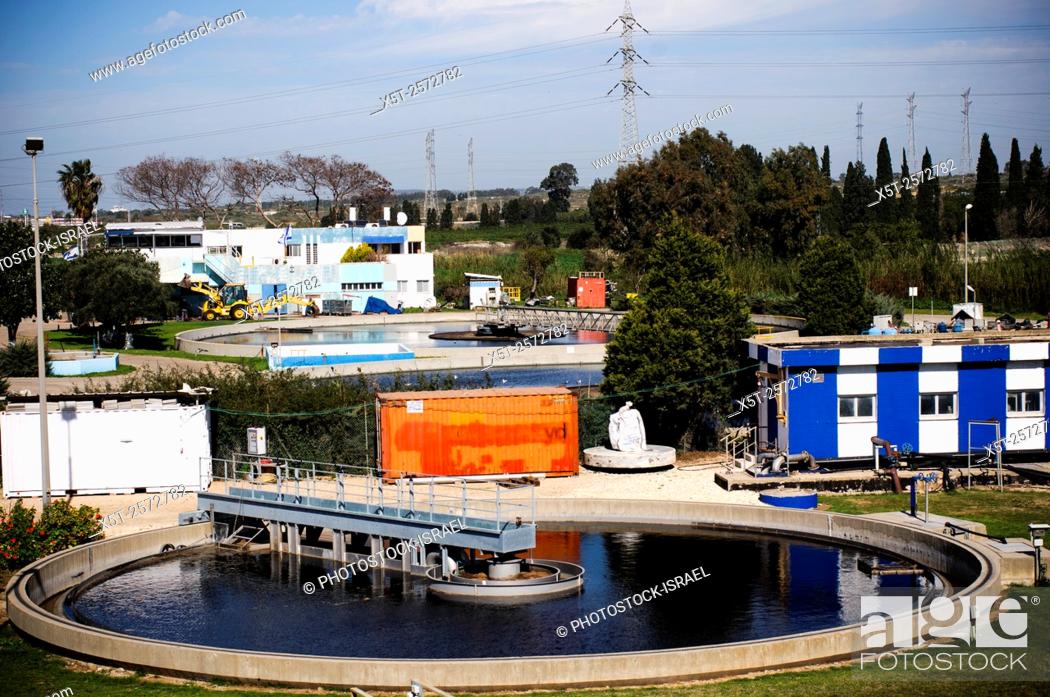 Stock Photo: Sewerage treatment facility. The treated water is then used for irrigation and agricultural use. Photographed near Hadera, Israel.