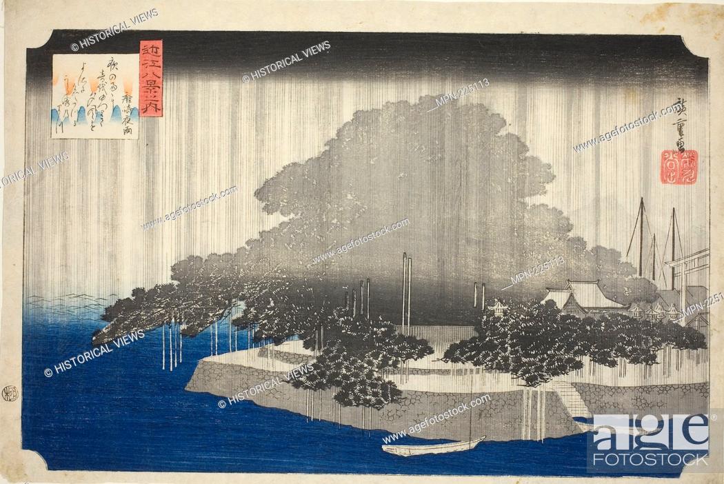Stock Photo: Night Rain at Karasaki (Karasaki no yau), from the series ""Eight Views of Omi (Omi hakkei no uchi)"" - c. 1834 - Utagawa Hiroshige, Japanese.