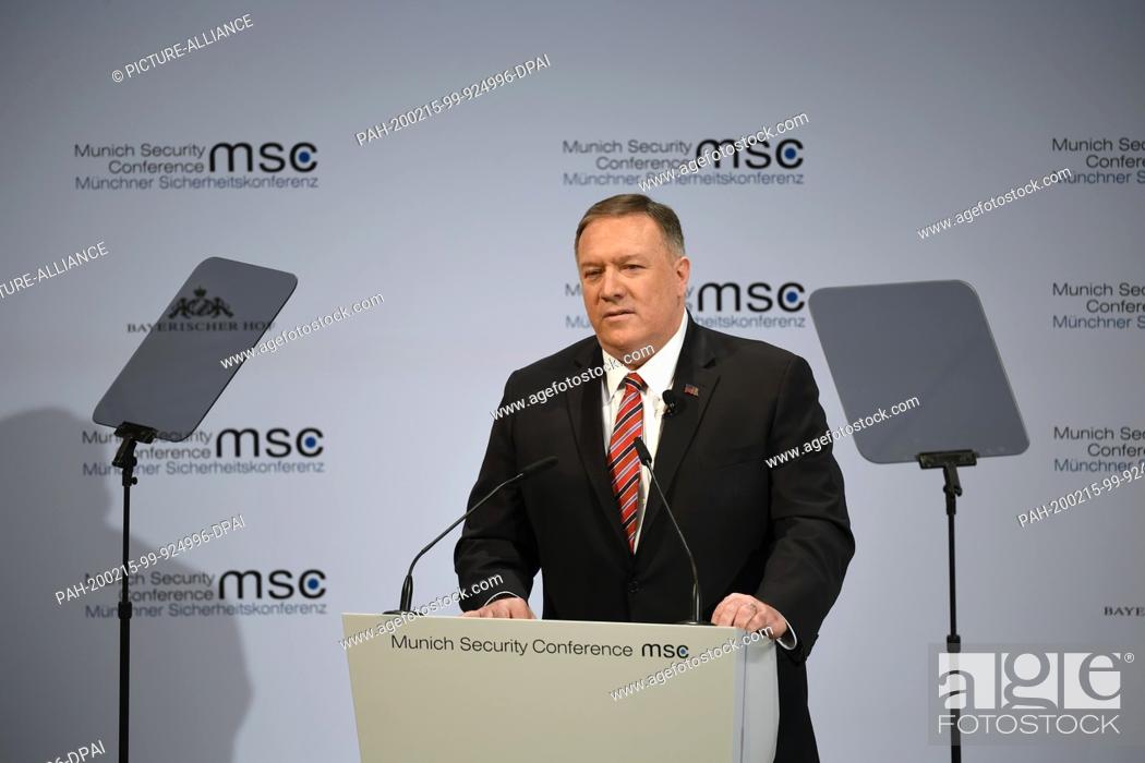 Stock Photo: 15 February 2020, Bavaria, Munich: Mike Pompeo, US Secretary of State, speaks at the 56th Munich Security Conference. Photo: Sven Hoppe/dpa.