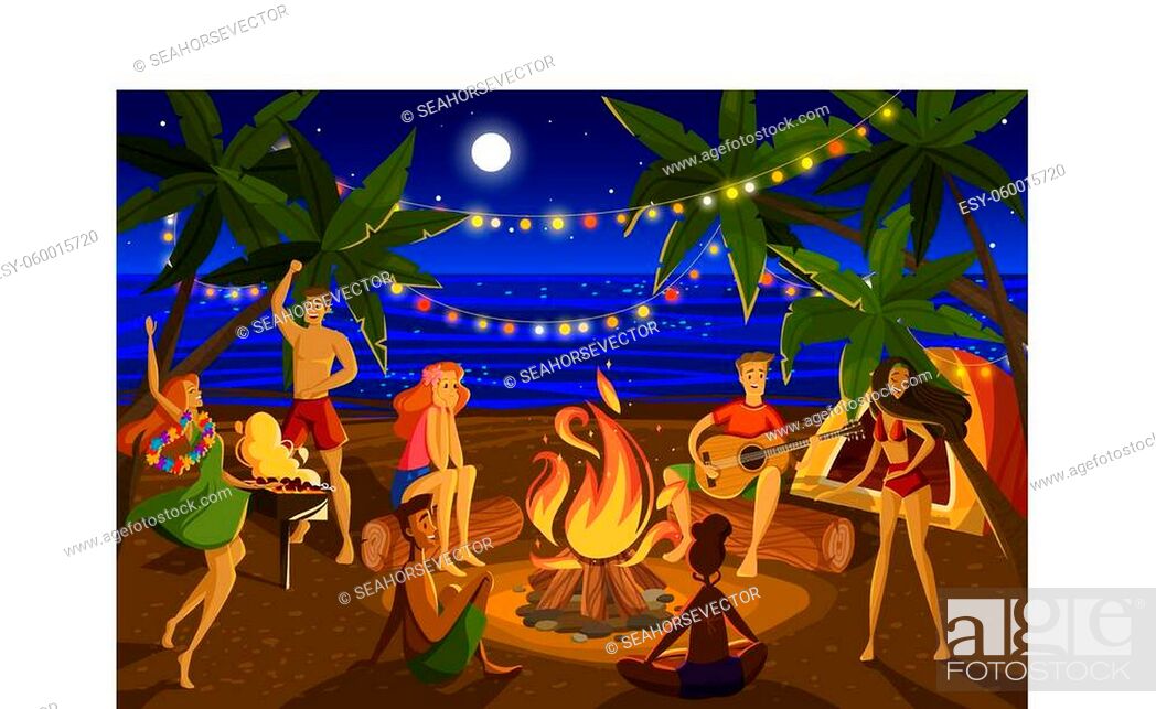 Young people at beach night party, cartoon characters around campfire on  exotic island, Stock Vector, Vector And Low Budget Royalty Free Image. Pic.  ESY-060015720 | agefotostock