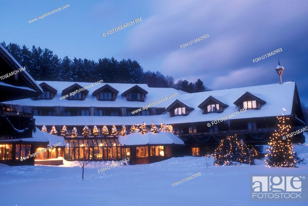 Stock Photo: Trapp Family Lodge, resort, lodging, TFL, Stowe, Vermont, VT, Christmas lights decorate the Trapp Family Lodge in the evening in Stowe in the winter.