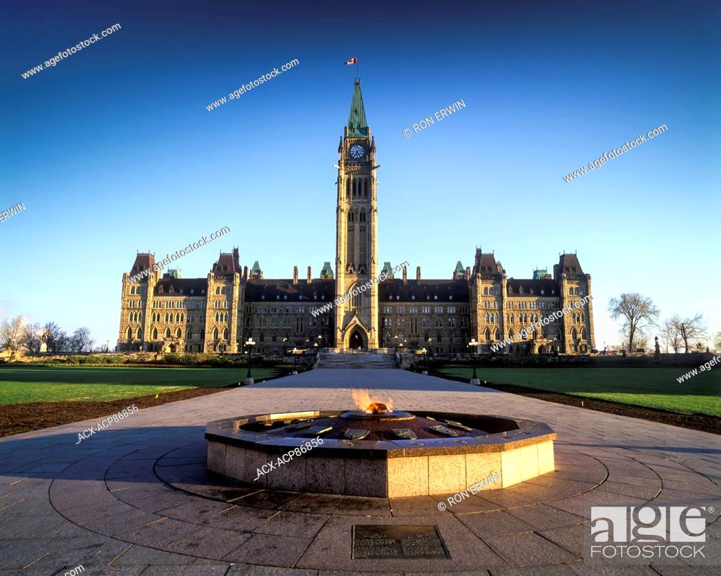 Stock Photo: Centennial Flame and the Centre Block of the Parliament of Canada in Ottawa, Ontario, Canada.