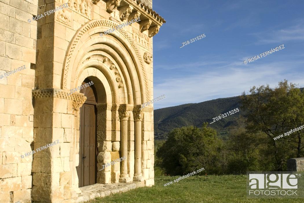Stock Photo: Church of San Pedro de Tejada, XII Century, the most beautiful Romanesque temple at Las Merindades, Puente Arenas, province of Burgos, Castilla y Leon, Spain.