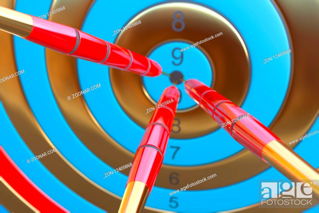 Imagen: Two three red darts hitting the bullseye aim. concept of success 3d illustration.