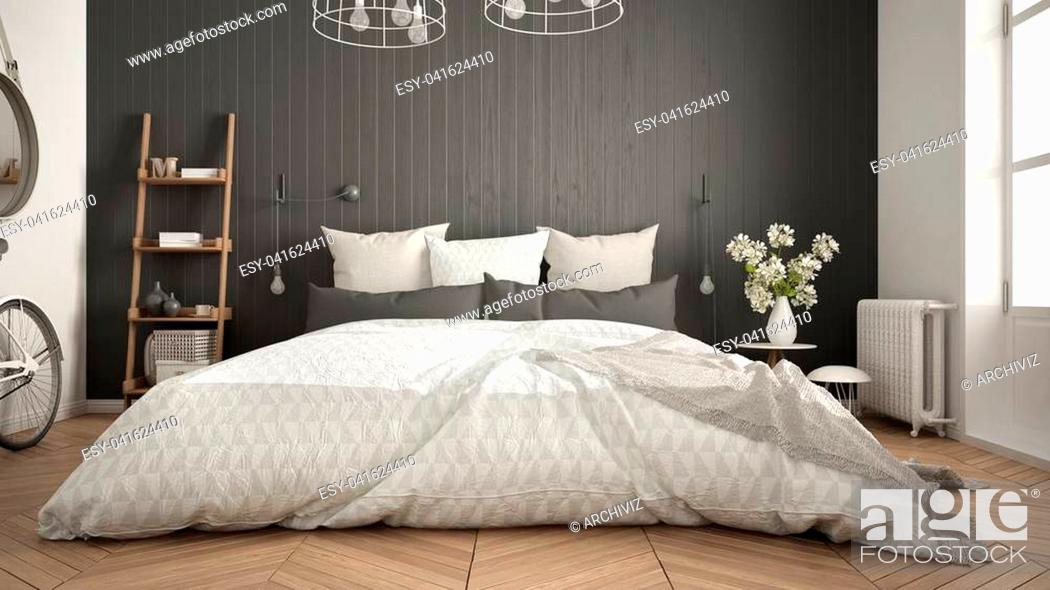 Scandinavian Minimalist Bedroom With Big Window And Herringbone Parquet Stock Photo Picture And Low Budget Royalty Free Image Pic Esy 041624410 Agefotostock