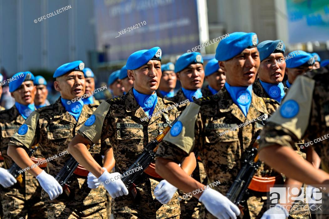 Stock Photo: Parade of a Blue Helmets UN battalion, Ulaanbaatar, Mongolia.