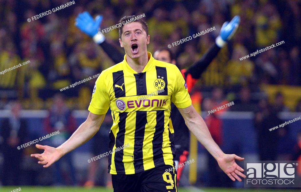 Stock Photo: Dortmund's Robert Lewandowski celebrates after scoring 2-1 during the UEFA Champions League semi final first leg soccer match between Borussia Dortmund and Real.