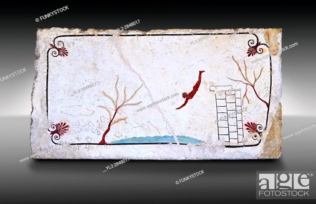 Stock Photo: Greek Fresco on the inside of Tomb of the Diver [La Tomba del Truffatore]. This panel is from the lid of the tomb and shows a diving from a column into water.