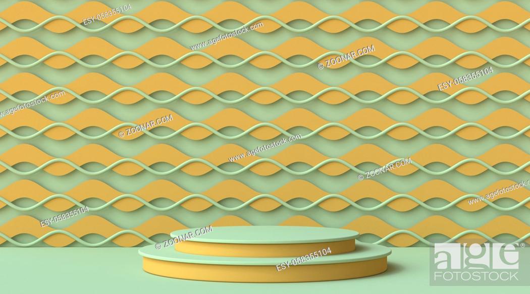 Stock Photo: Mock up podium for product presentation on green and brown wave pattern 3D render illustration.