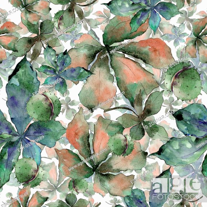 Stock Photo: Chestnut leaves in a watercolor style pattern. Aquarelle leaf for background, texture, wrapper pattern, frame or border.