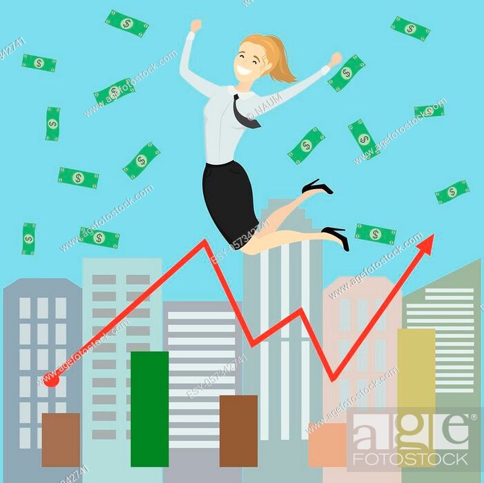 Cartoon Successful business woman jumping for joy. Joyful female with money  and growing graph, Stock Vector, Vector And Low Budget Royalty Free Image.  Pic. ESY-057342741 | agefotostock