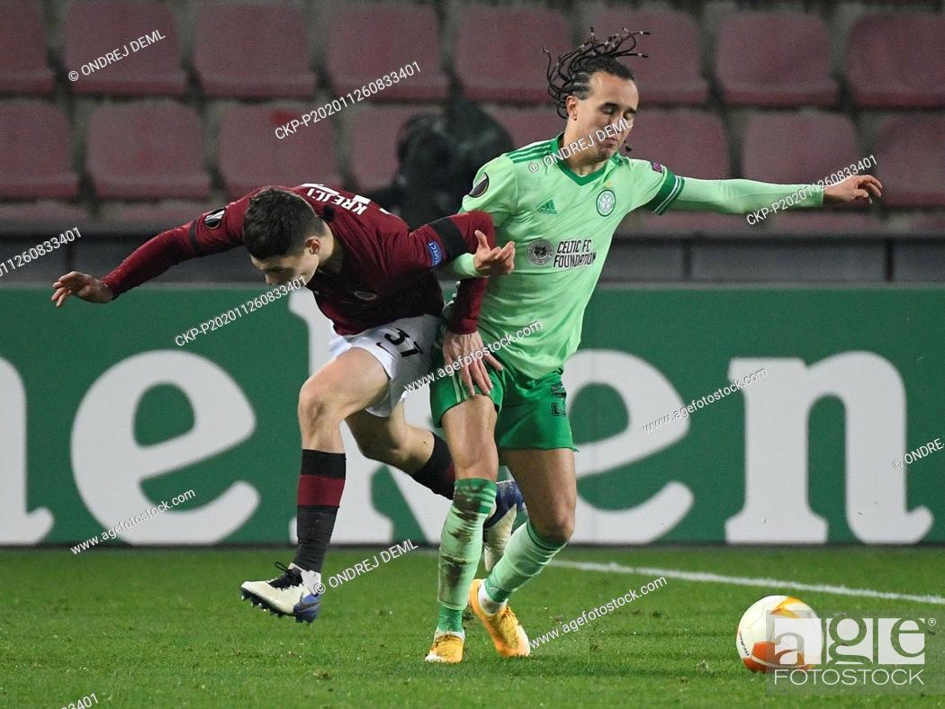 Stock Photo: L-R Ladislav Krejci of Sparta and Diego Laxalt of Celtic in action during the UEFA Europa League, 4th round, group H match AC Sparta Praha vs Celtic Glasgow.