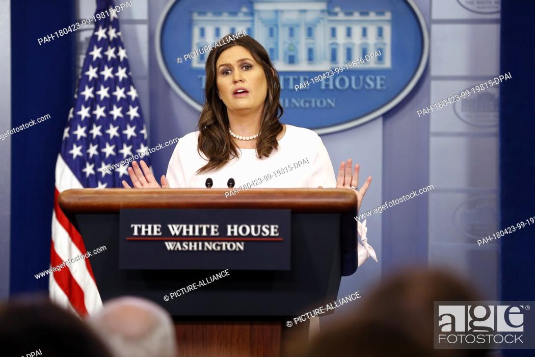 Stock Photo: White House Press Secretary Sarah Sanders addresses reporters on the events of the day in the Brady Press Briefing Room of the White House, in Washington, DC.