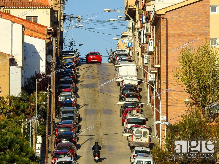 Stock Photo: Parked cars in an inclined street. EL Masnou, Maresme, Barcelona province, Catalonia, Spain.