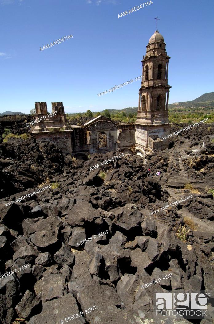 Church of San Juan Parangaricutiro, built in 1618, buried by lava flow from  Paricutin Volcano in..., Stock Photo, Picture And Rights Managed Image.  Pic. AAM-AAES47104 | agefotostock