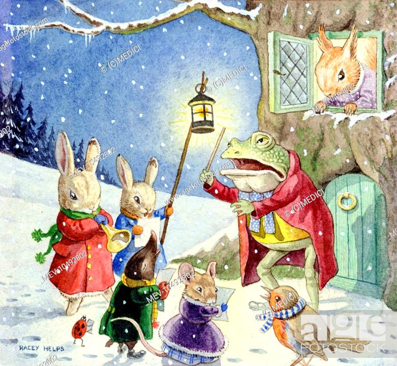 Christmas carols with toad, rabbits, mole, mouse, robin and