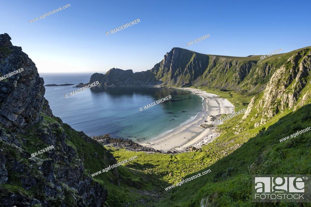 Stock Photo: Cliffs, beach and sea, hike to the mountain Måtinden, near Stave, Nordland, Norway, Europe.