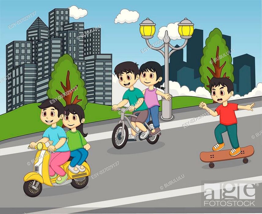 Children riding a scooter, bicycle and skateboard on the street cartoon,  Stock Vector, Vector And Low Budget Royalty Free Image. Pic. ESY-037029137  | agefotostock