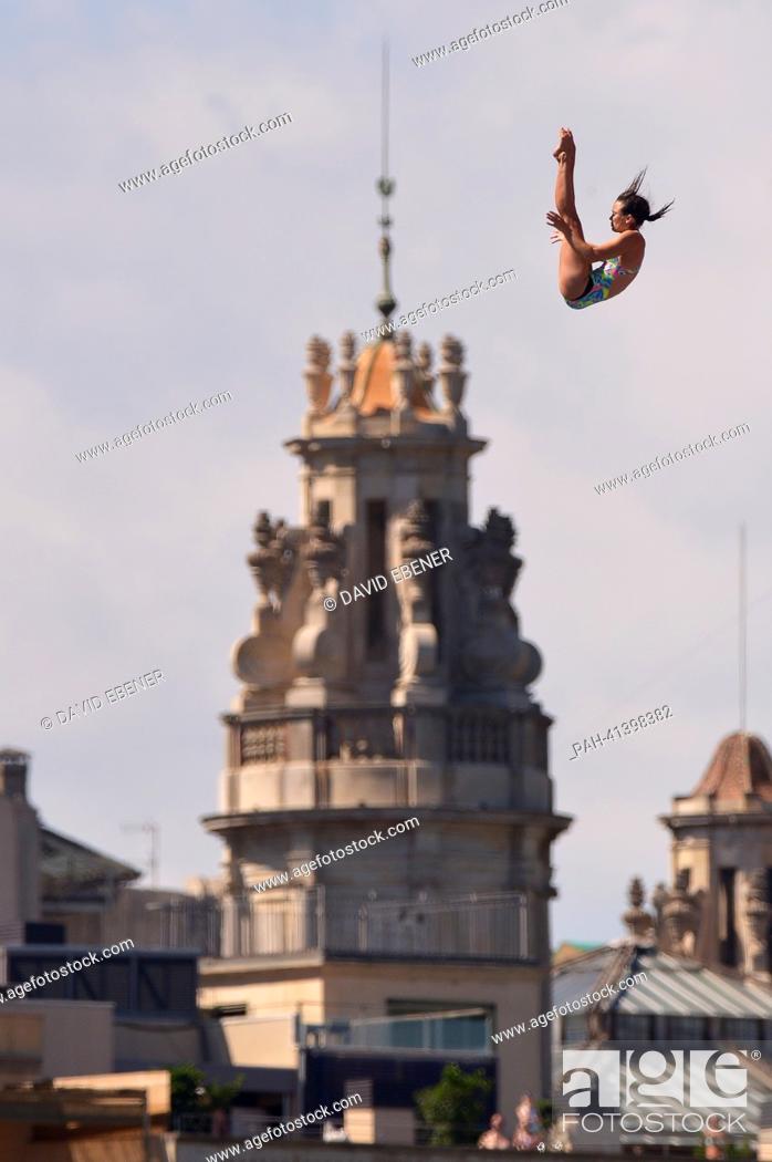 Stock Photo: Anna Bader of Germany in action during the women's high diving final of the 15th FINA Swimming World Championships at Moll de la Fusta on the coast of the.