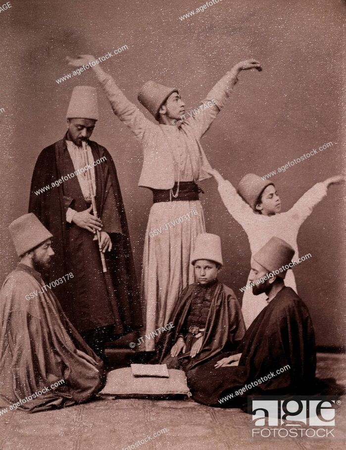 Stock Photo: Whirling Dervishes with Flute Player, circa 1880.