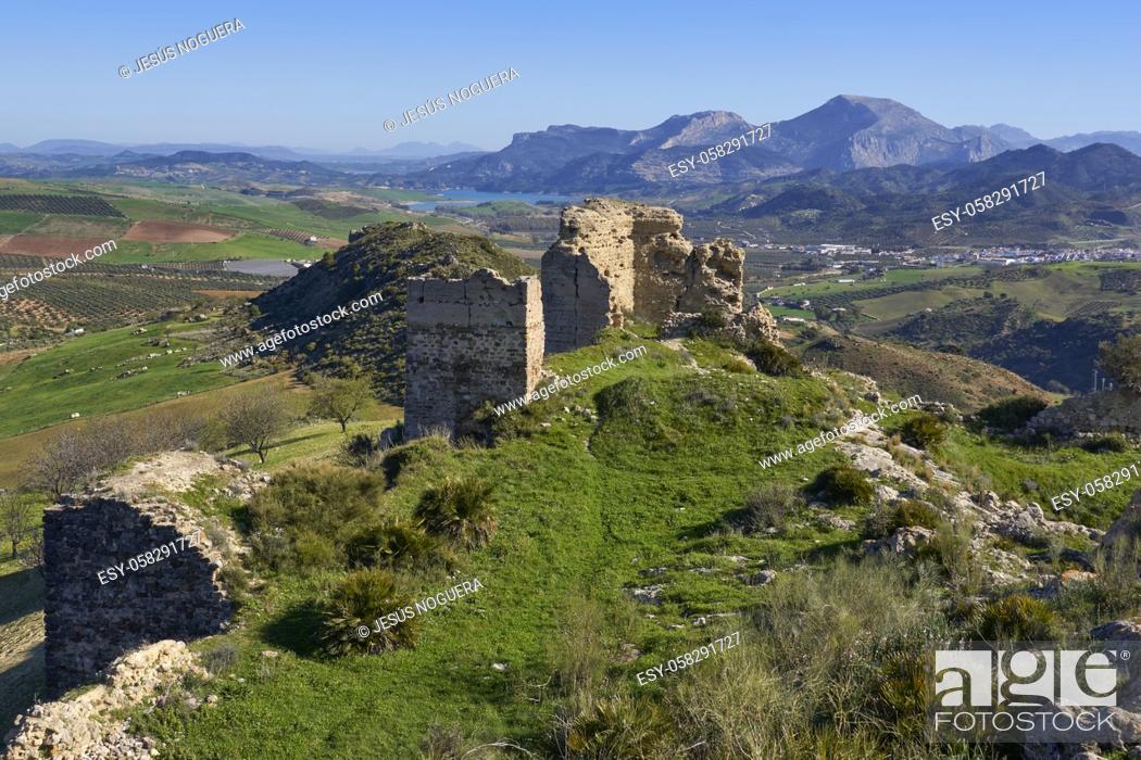 Stock Photo: remains of the wall and castle of Turon in Ardales, province of Malaga. Andalusia, Spain.