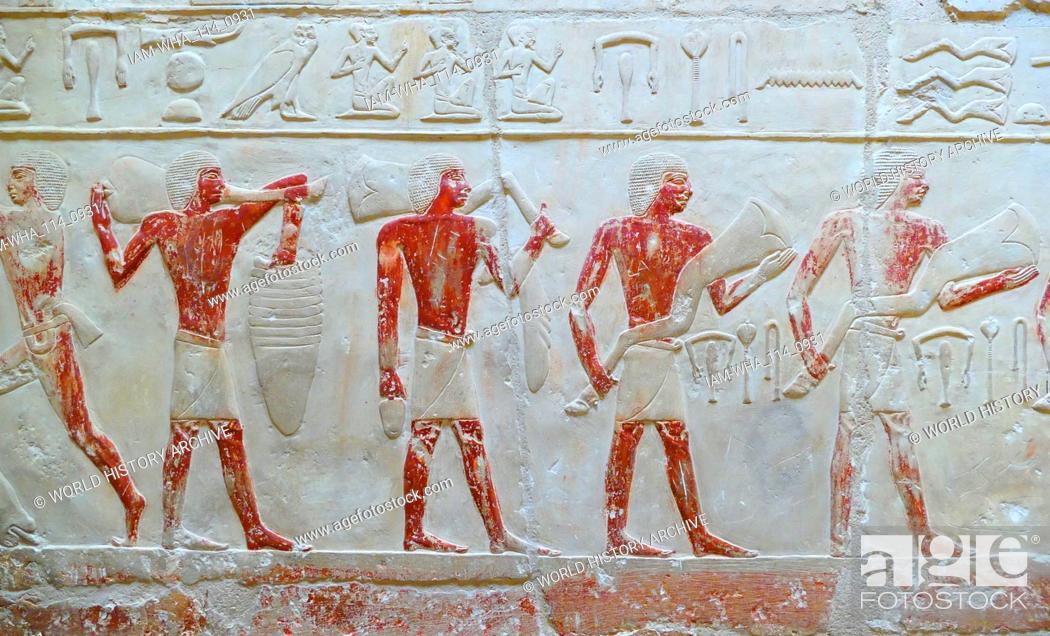 Stock Photo: Tomb of Princess Idut, King Unas' daughter. Vth Dynasty. The reliefs are of good quality and in good condition. The Pyramid Complex of Unas is located in the.
