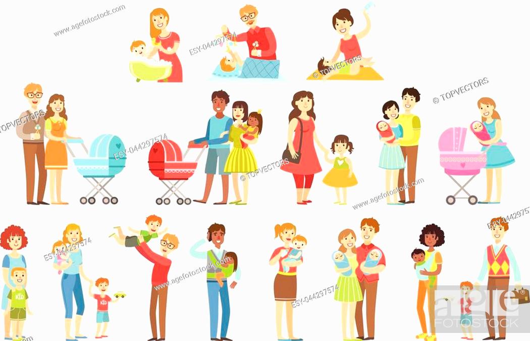 Happy Families With Small Children Flat Childish Cartoon Style Bright Color  Vector Illustration On..., Stock Vector, Vector And Low Budget Royalty Free  Image. Pic. ESY-044297574 | agefotostock