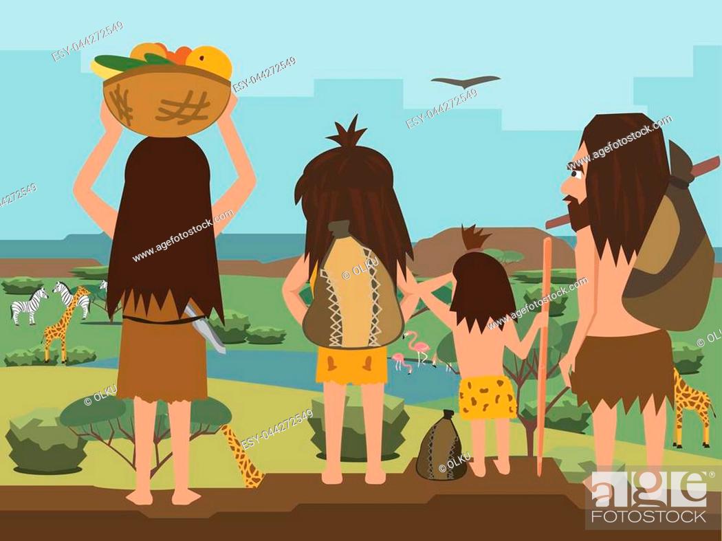 cavemen family wanders at Africa, funny cartoon illustrationof primitive  people travelling at..., Stock Vector, Vector And Low Budget Royalty Free  Image. Pic. ESY-044272549 | agefotostock