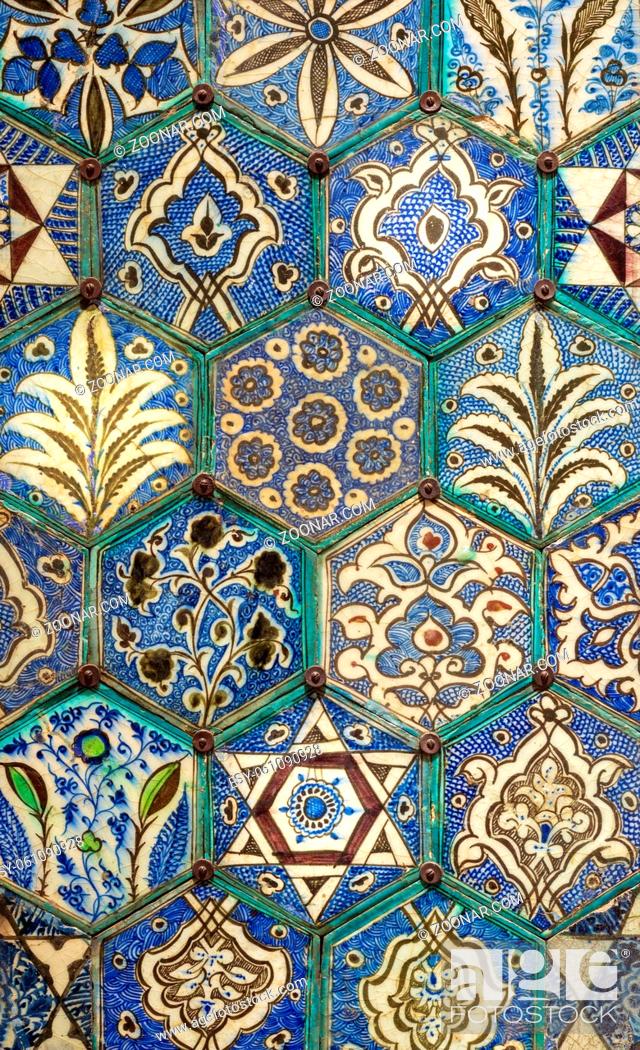 Stock Photo: Mamluk era Chinese style glazed ceramic tiles decorated with floral ornamentations.