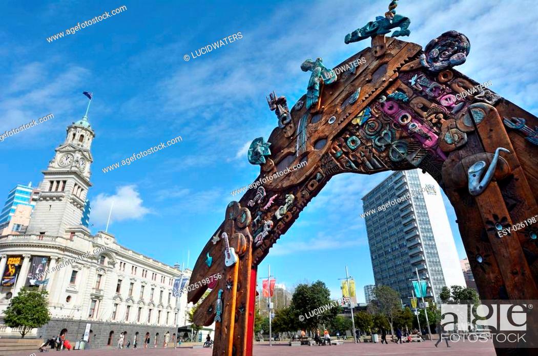 Stock Photo: AUCKLAND, NZL - AUG 01 2015:Traditional Maori entry gate at Aotea Square.It’s one of the biggest squares in New Zealand used for open-air concerts, gatherings.