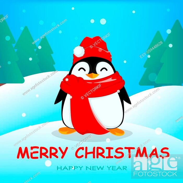 Cute little penguin in winter forest. Funny Christmas penguin cartoon  character wearing warn hat and..., Stock Photo, Picture And Low Budget  Royalty Free Image. Pic. ESY-059448628 | agefotostock