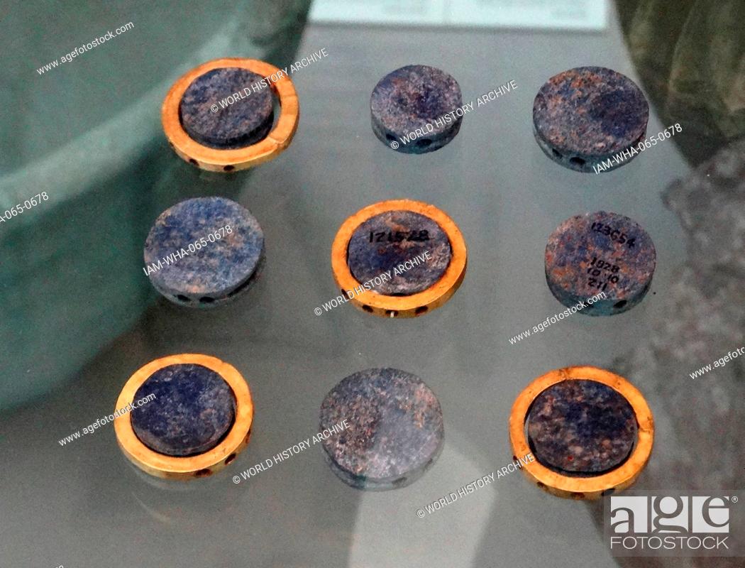 Stock Photo: Early Mesopotamian Lapis Lazuli and gold discs used for decoration, Iraq, circa 2900-2300 BC Akkadian.