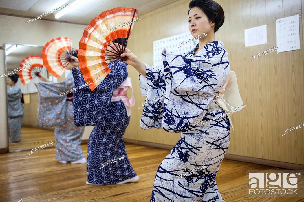 Stock Photo: Geishas and 'maikos' geisha apprentice in dance class  Geisha schoolKaburenjo of Miyagawacho Kyoto Kansai, Japan.