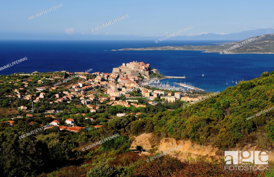 Stock Photo: View from Chapelle de Notre Dame de la Serra to Calvi, Balagne Region, Haute-Corse, Corsica, France.