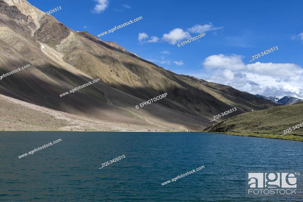 Stock Photo: Chandra Taal, or Chandra Tal on a clear Day, Spiti Valley, Himachal Pradesh, India.