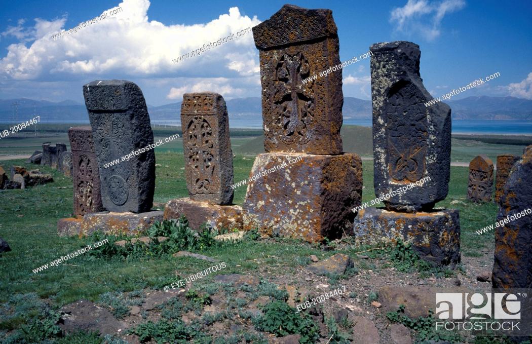 Stock Photo: Carved memorial stones or Khachkars dating from 13th century.