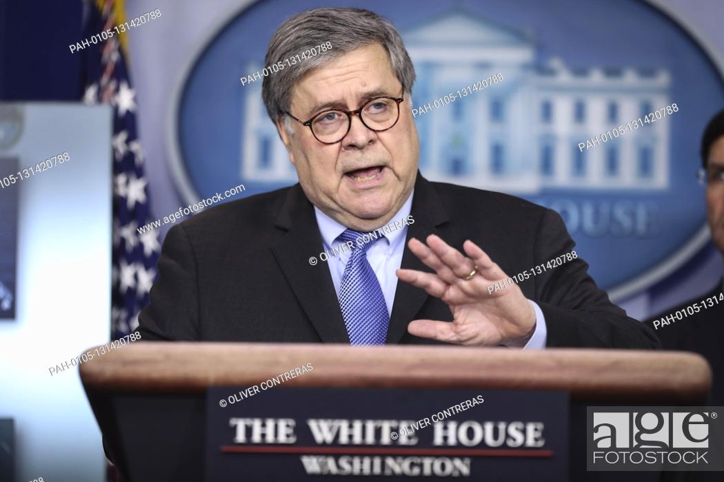 Stock Photo: United States Attorney General William P. Barr speaks during a press conference in the Brady Press Briefing Room of the White House on April 1.