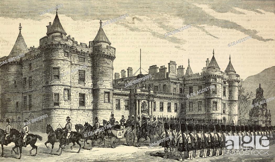 Stock Photo: Victoria (1819-1901), Queen of the United Kingdom, leaving Holyrood Palace, Edinburgh, Scotland, engraving from The Illustrated London News, vol 89, no 2471.