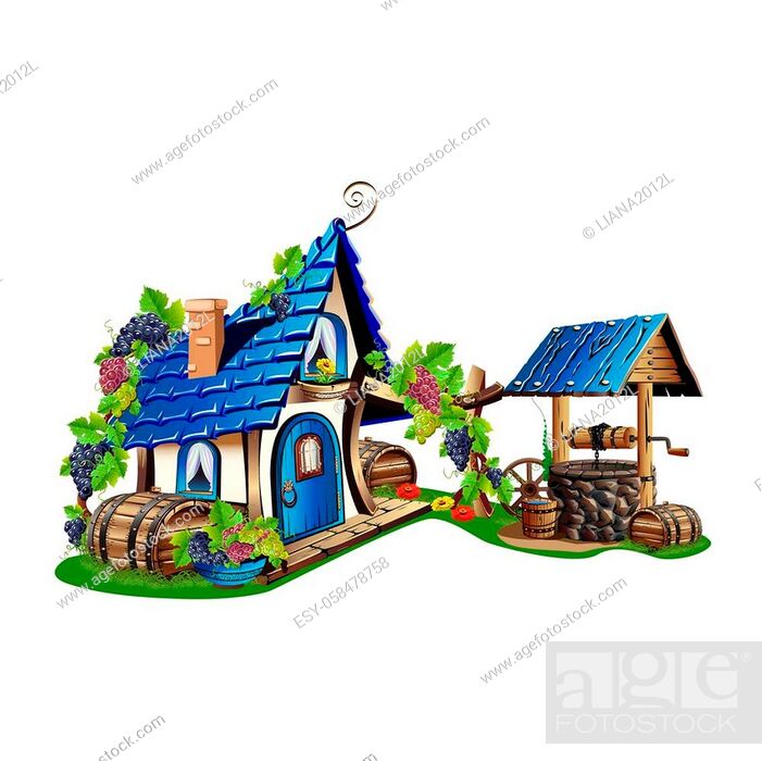 Stock Vector: Cartoon house in a village with a stone water well. Fairy farmhouse illustration isolated on white background.