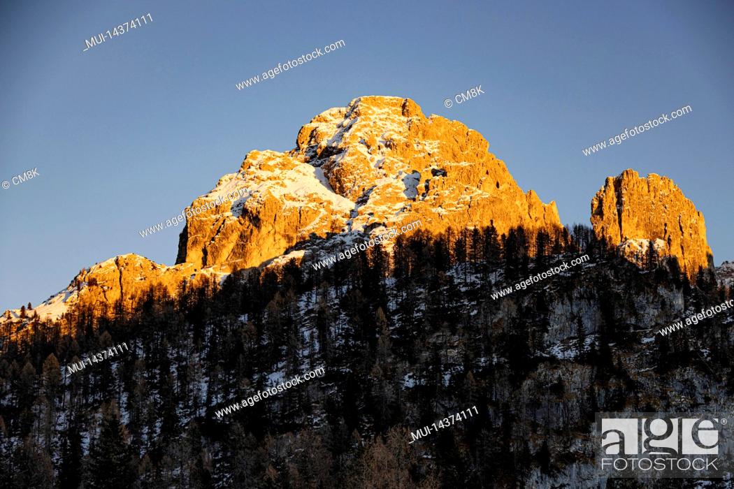 Stock Photo: Beautiful sunset over the Dolomites in Italy, the Italian Alps in South Tyrol,.