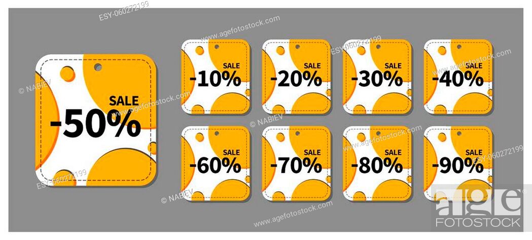 Stock Vector: Abstract sale tags set. Bright label design template for print, web, ad and marketing. Vector badges template, up to 10, 20, 30, 40, 50, 60, 70, 80.