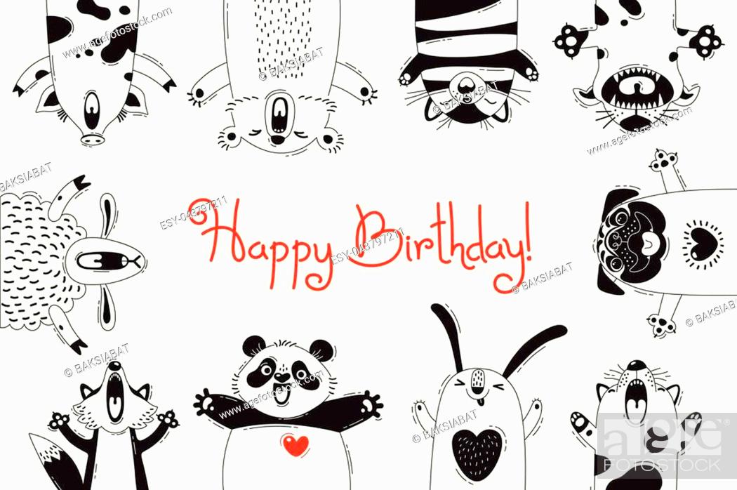 Birthday Card with Funny Animals Pig Bear Fox Sheep Cat Pug Panda Rabbit,  Stock Vector, Vector And Low Budget Royalty Free Image. Pic. ESY-043797211  | agefotostock